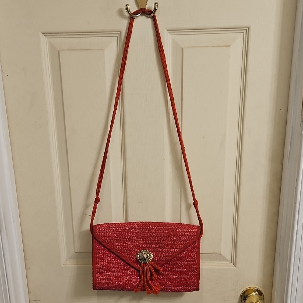 Red Woven Clutch Bag With Strap